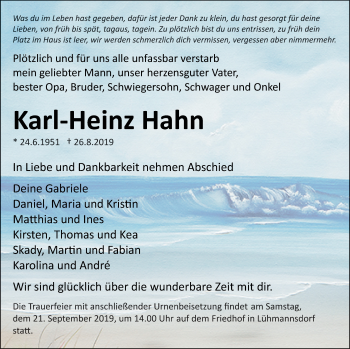 Traueranzeige von Karl-Heinz Hahn von Vorpommern Kurier