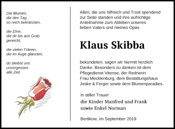 Traueranzeige von Klaus Skibba von Prenzlauer Zeitung