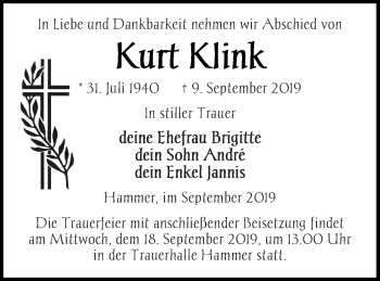 Traueranzeige von Kurt Klink von Haff-Zeitung