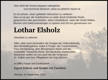 Traueranzeige von Lothar Elsholz von Prenzlauer Zeitung