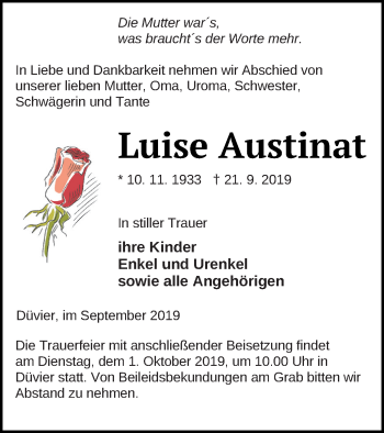 Traueranzeige von Luise Austinat von Vorpommern Kurier