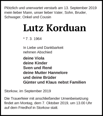 Traueranzeige von Lutz Korduan von Templiner Zeitung