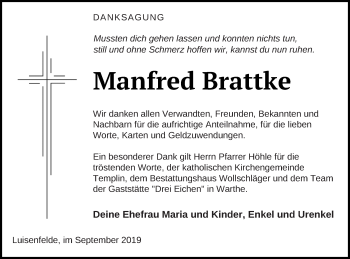 Traueranzeige von Manfred Brattke von Templiner Zeitung