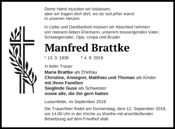 Traueranzeige von Manfred Brattke von Templiner Zeitung