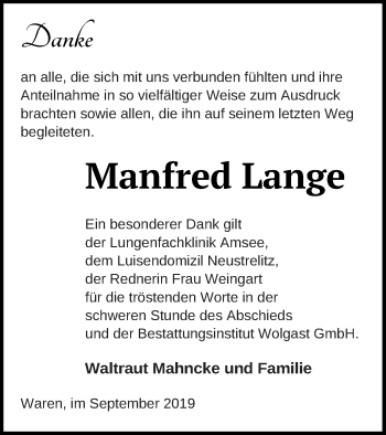 Traueranzeige von Manfred Lange von Müritz-Zeitung