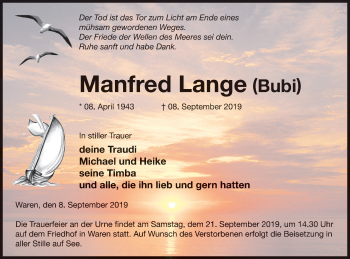 Traueranzeige von Manfred Lange von Müritz-Zeitung