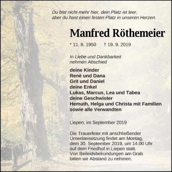 Traueranzeige von Manfred Röthemeier von Vorpommern Kurier