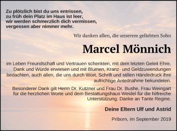 Traueranzeige von Marcel Mönnich von Müritz-Zeitung