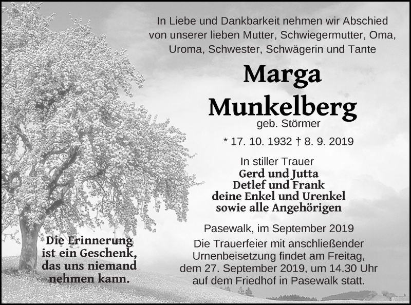  Traueranzeige für Marga Munkelberg vom 10.09.2019 aus Pasewalker Zeitung