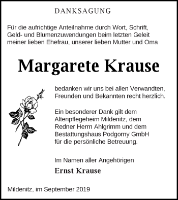 Traueranzeige von Margarete Krause von Strelitzer Zeitung