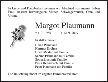 Traueranzeige von Margot Plaumann von Norddeutsche Neueste Nachrichten