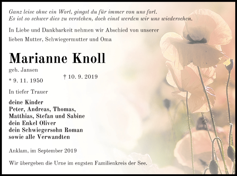 Traueranzeige für Marianne Knoll vom 14.09.2019 aus Vorpommern Kurier