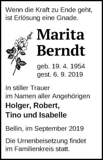 Traueranzeige von Marita Berndt von Haff-Zeitung