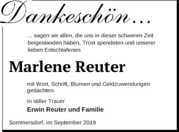 Traueranzeige von Marlene Reuter von Demminer Zeitung