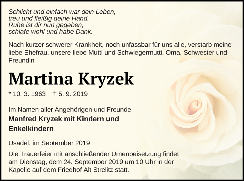  Traueranzeige für Martina Kryzek vom 07.09.2019 aus Neubrandenburger Zeitung