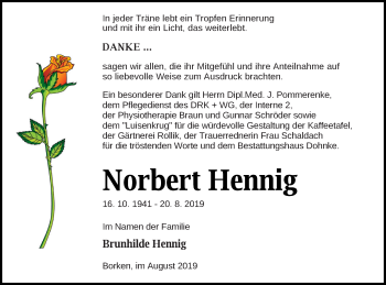 Traueranzeige von Norbert Hennig von Pasewalker Zeitung