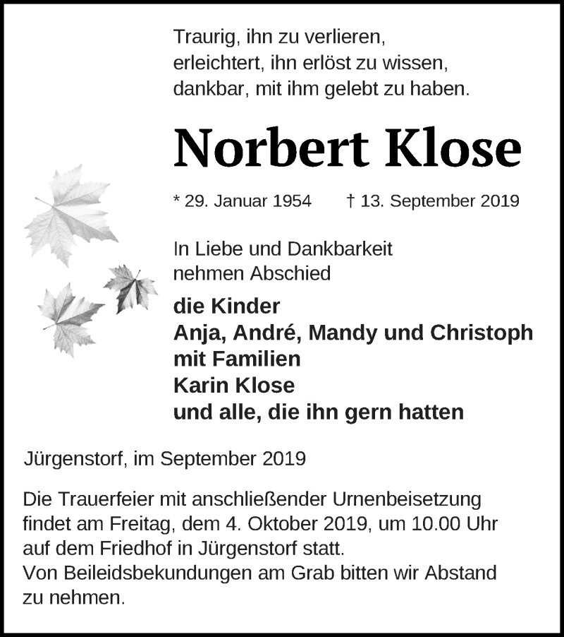  Traueranzeige für Norbert Klose vom 27.09.2019 aus Mecklenburger Schweiz