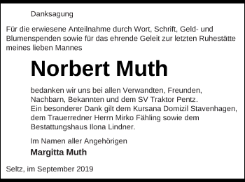 Traueranzeige von Norbert Muth von Demminer Zeitung