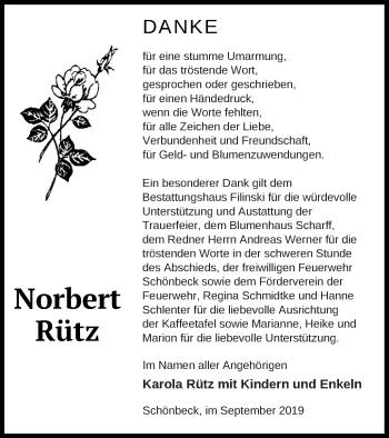 Traueranzeige von Norbert Rütz von Strelitzer Zeitung