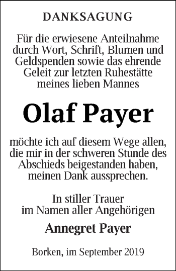 Traueranzeige von Olaf Payer von Pasewalker Zeitung