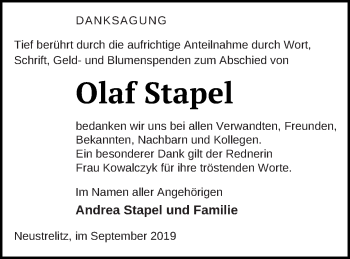 Traueranzeige von Olaf Stapel von Strelitzer Zeitung