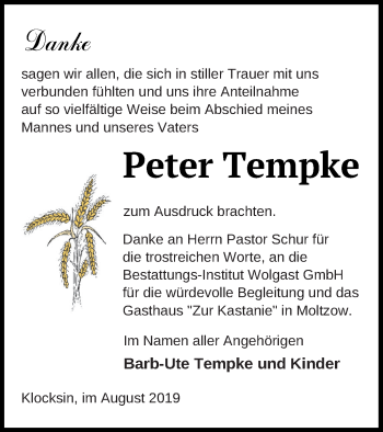 Traueranzeige von Peter Tempke von Müritz-Zeitung