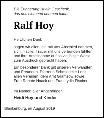 Traueranzeige von Ralf Hoy von Prenzlauer Zeitung