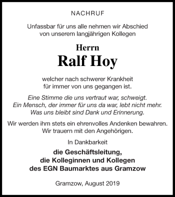 Traueranzeige von Ralf Hoy von Prenzlauer Zeitung