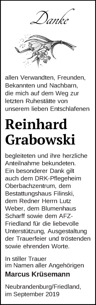 Traueranzeige von Reinhard Grabowski von Neubrandenburger Zeitung