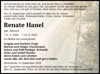 Traueranzeige von Renate Hanel von Haff-Zeitung