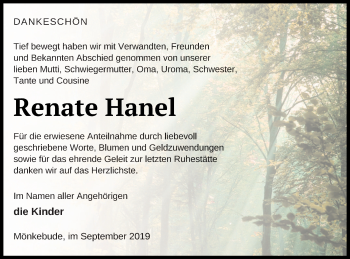 Traueranzeige von Renate Hanel von Haff-Zeitung