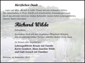 Traueranzeige von Richard Wilde von Prenzlauer Zeitung