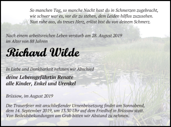 Traueranzeige von Richard Wilde von Pasewalker Zeitung