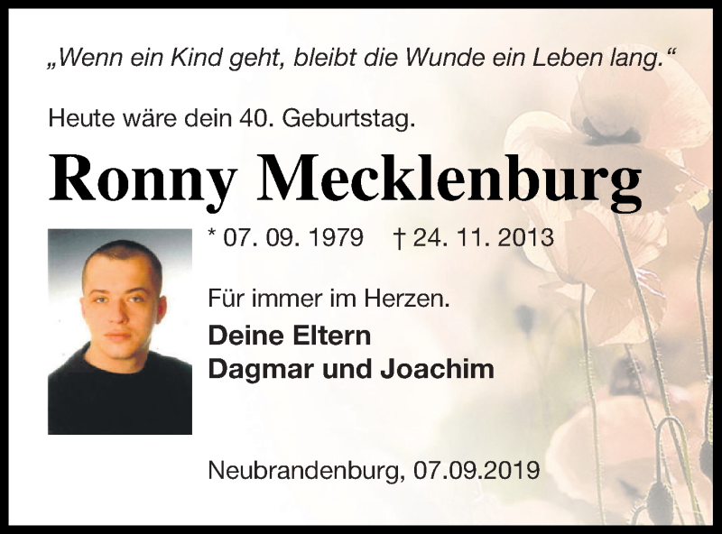  Traueranzeige für Ronny Mecklenburg vom 07.09.2019 aus Neubrandenburger Zeitung