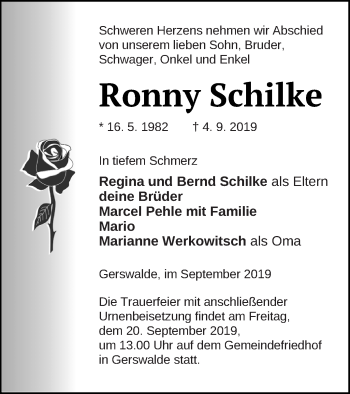 Traueranzeige von Ronny Schilke von Templiner Zeitung