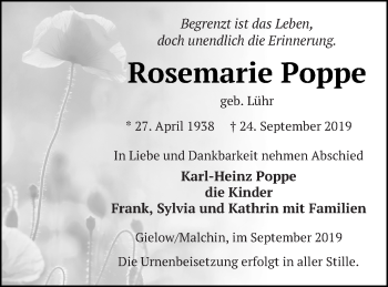 Traueranzeige von Rosemarie Poppe von Mecklenburger Schweiz