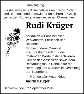 Traueranzeige von Rudi Krüger von Haff-Zeitung
