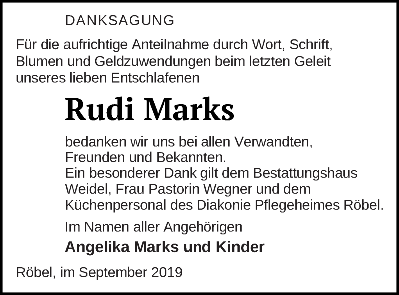  Traueranzeige für Rudi Marks vom 25.09.2019 aus Müritz-Zeitung