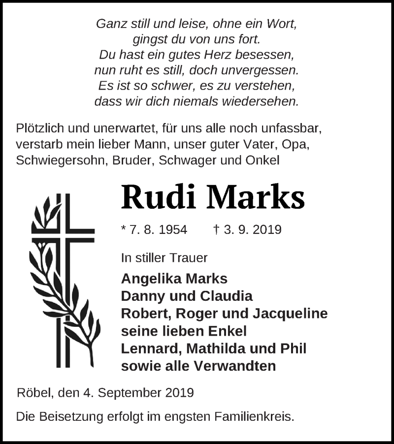  Traueranzeige für Rudi Marks vom 06.09.2019 aus Müritz-Zeitung