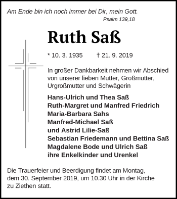 Traueranzeige von Ruth Saß von Vorpommern Kurier