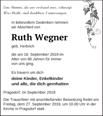 Traueranzeige von Ruth Wegner von Neubrandenburger Zeitung