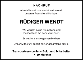 Traueranzeige von Rüdiger Wendt von Mecklenburger Schweiz