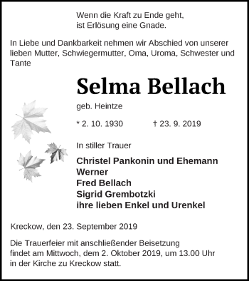 Traueranzeige von Selma Bellach von Pasewalker Zeitung