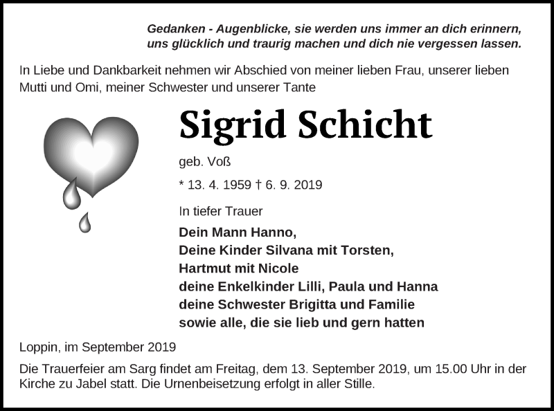  Traueranzeige für Sigrid Schicht vom 11.09.2019 aus Müritz-Zeitung
