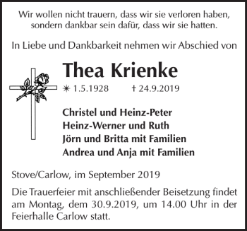 Traueranzeige von Thea Krienke von Gadebusch-Rehnaer Zeitung