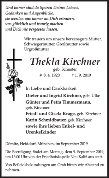 Traueranzeige von Thekla Kirchner von Ludwigsluster Tageblatt