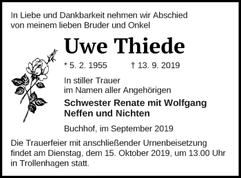 Traueranzeige von Uwe Thiede von Neubrandenburger Zeitung