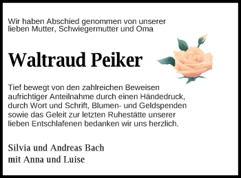 Traueranzeige von Waltraud Peiker von Müritz-Zeitung