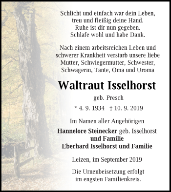 Traueranzeige von Waltraut Isselhorst von Müritz-Zeitung