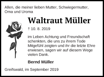 Traueranzeige von Waltraut Müller von Haff-Zeitung